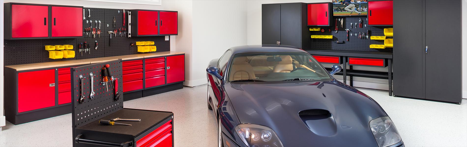 Collectors Edition Garage red cabinets with blue Ferrari